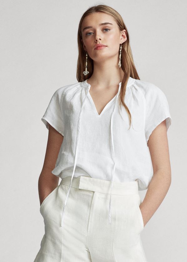 Women's Polo Ralph Lauren Linen Tie-Neck Blouses | 284107HMY